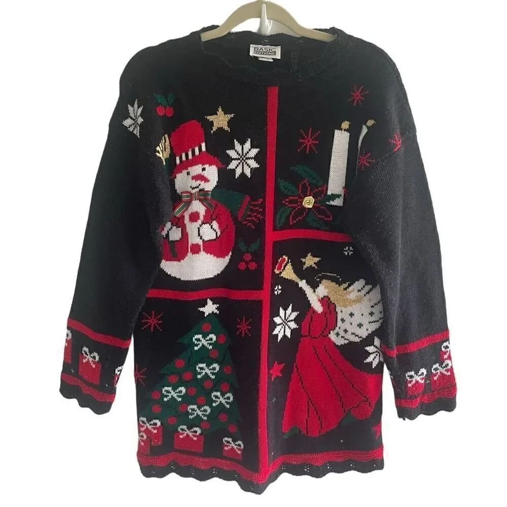 Vintage Christmas Holiday Ugly Sweater Women’s Size Small Snowman Angel Tree